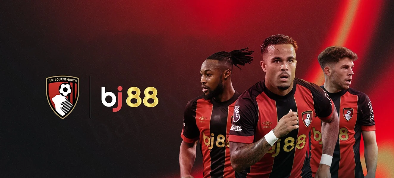AFC Bournemouth football players in red and black jerseys with bj88 logo, featuring a dynamic red background