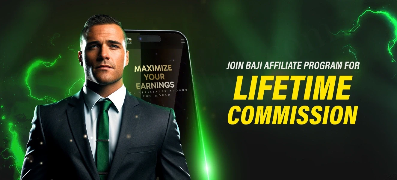 Man in a suit with a green tie promoting the BAJI Affiliate Program for lifetime commission, with a smartphone displaying 'Maximize Your Earnings' and green lightning effects