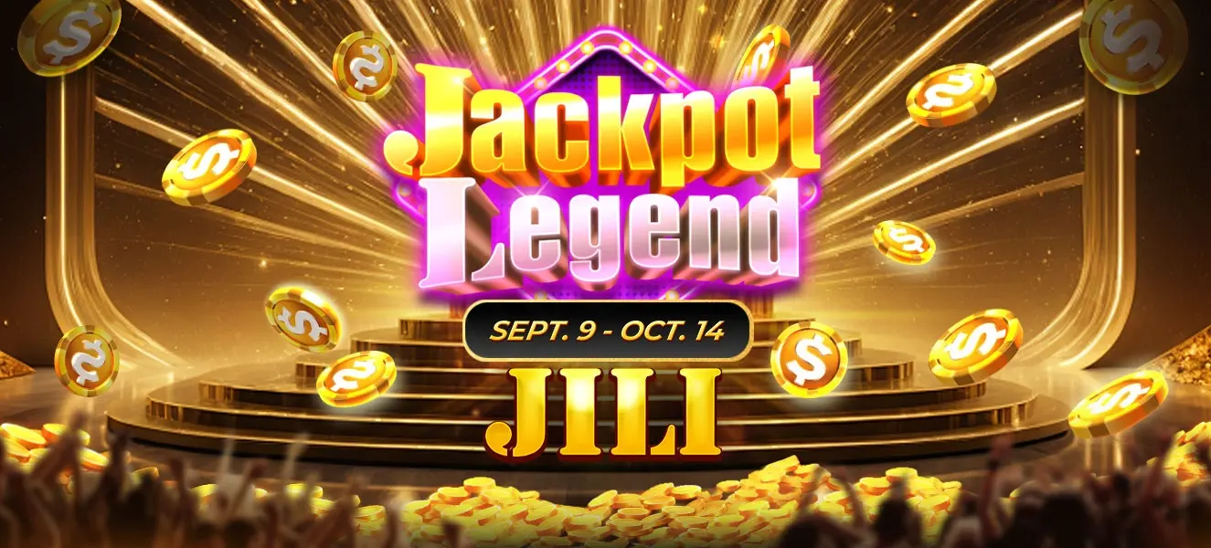 Jackpot Legend event by JILI, running from September 9 to October 14, featuring golden coins and a vibrant stage