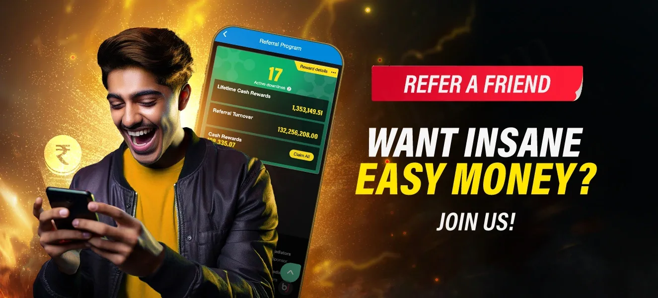 Refer a friend promotion with a young man using a smartphone, showing referral program rewards of ₹1,353,149.51 and ₹132,256,208.00, with an invitation to join for insane easy money