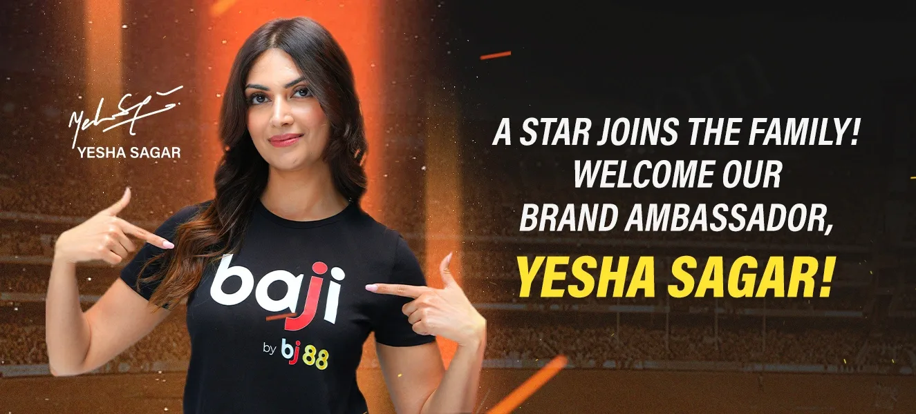 Yesha Sagar joins as brand ambassador for BAJI by bj88, wearing a BAJI t-shirt and pointing at the camera with a vibrant orange background